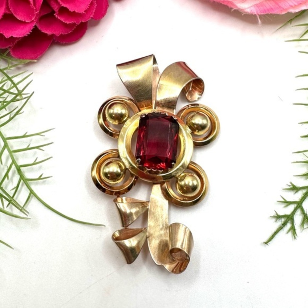 VINTAGE⚜️STERLING 12K Gold Filled Baroque Ornate Cut Glass Crystal Brooch